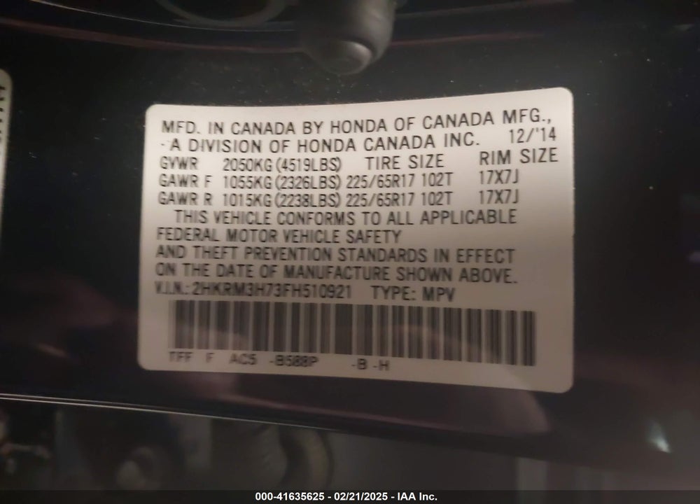 2015 HONDA CR-V EX-L VIN: 2HKRM3H73FH510921