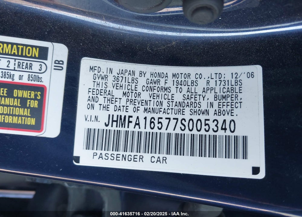 2007 HONDA CIVIC VIN: JHMFA16577S005340