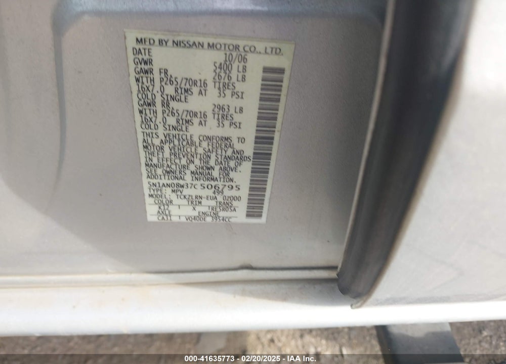 2007 NISSAN XTERRA S VIN: 5N1AN08W37C506795