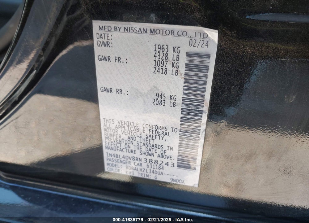 2024 NISSAN ALTIMA SV FWD VIN: 1N4BL4DV8RN388243
