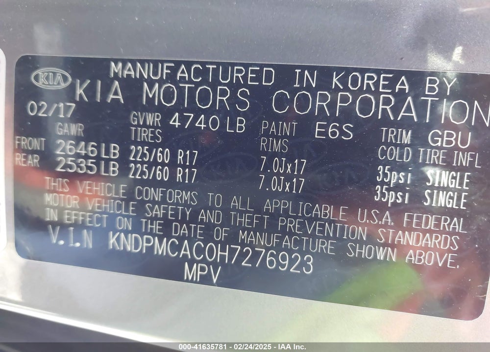 2017 KIA SPORTAGE LX VIN: KNDPMCAC0H7276923