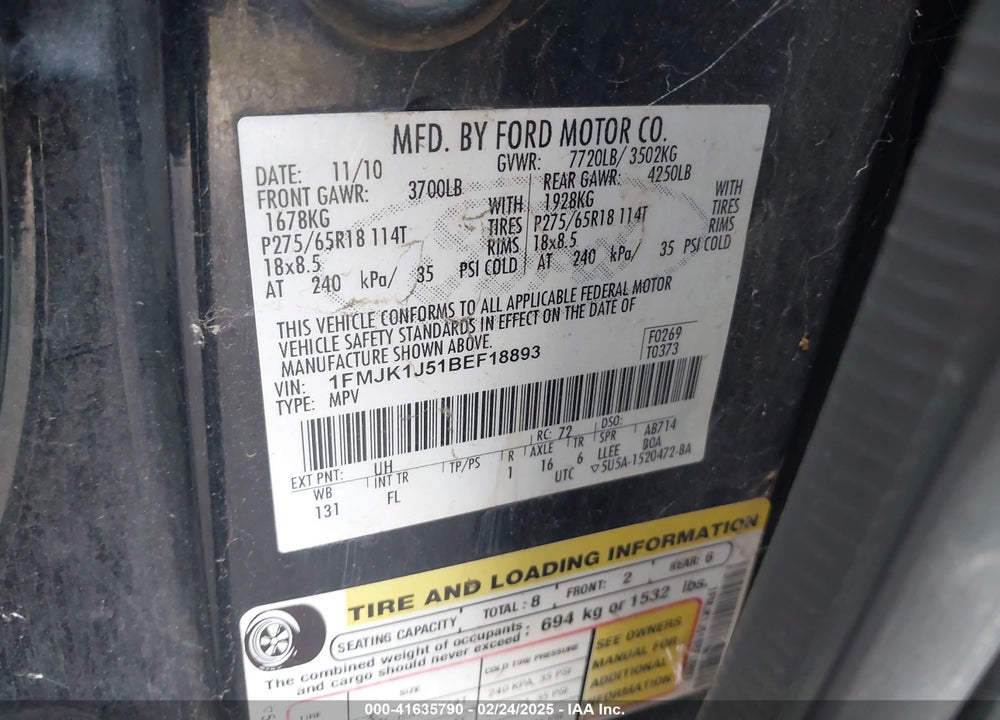 2011 FORD EXPEDITION EL XLT VIN: 1FMJK1J51BEF18893