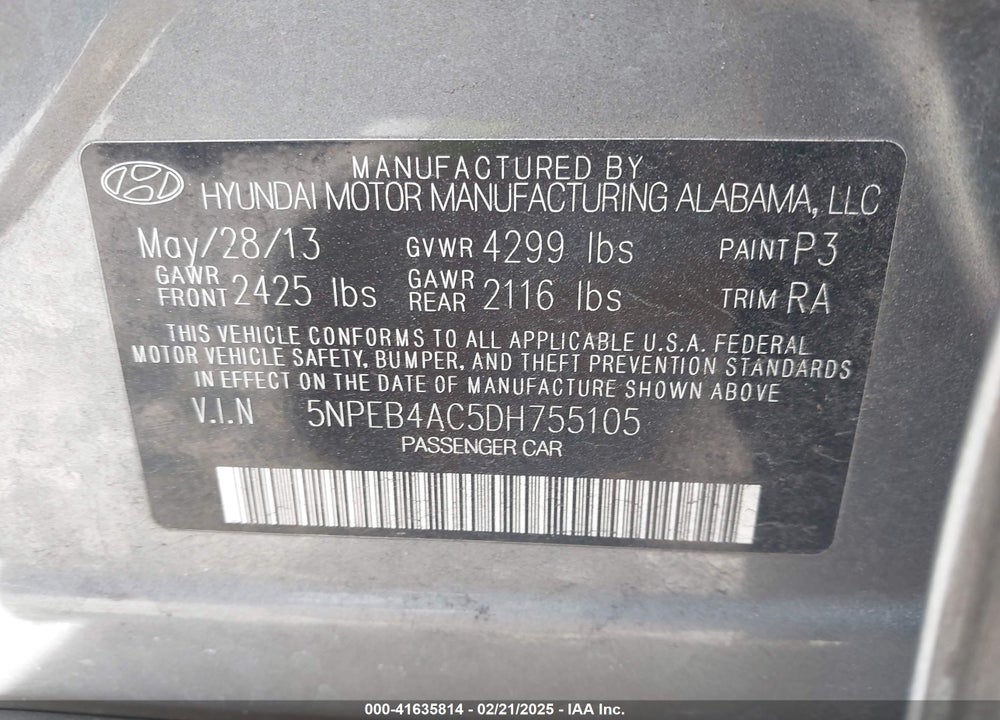 2013 HYUNDAI SONATA VIN: 5NPEB4AC5DH755105