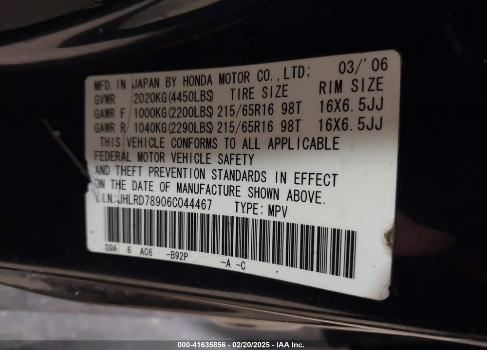 2006 HONDA CR-V SE VIN: JHLRD78906C044467