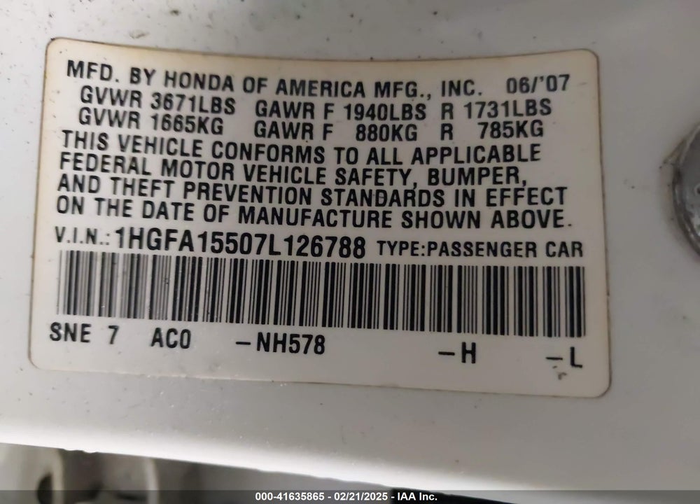 2007 HONDA CIVIC VIN: 1HGFA15507L126788