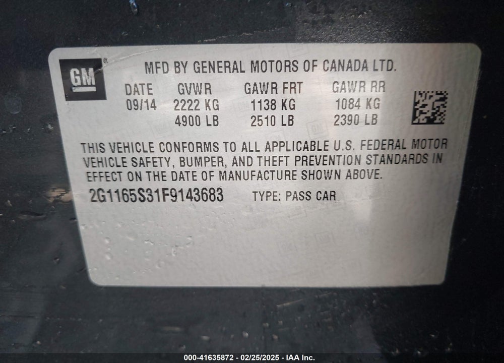 2015 CHEVROLET IMPALA VIN: 2G1165S31F9143683
