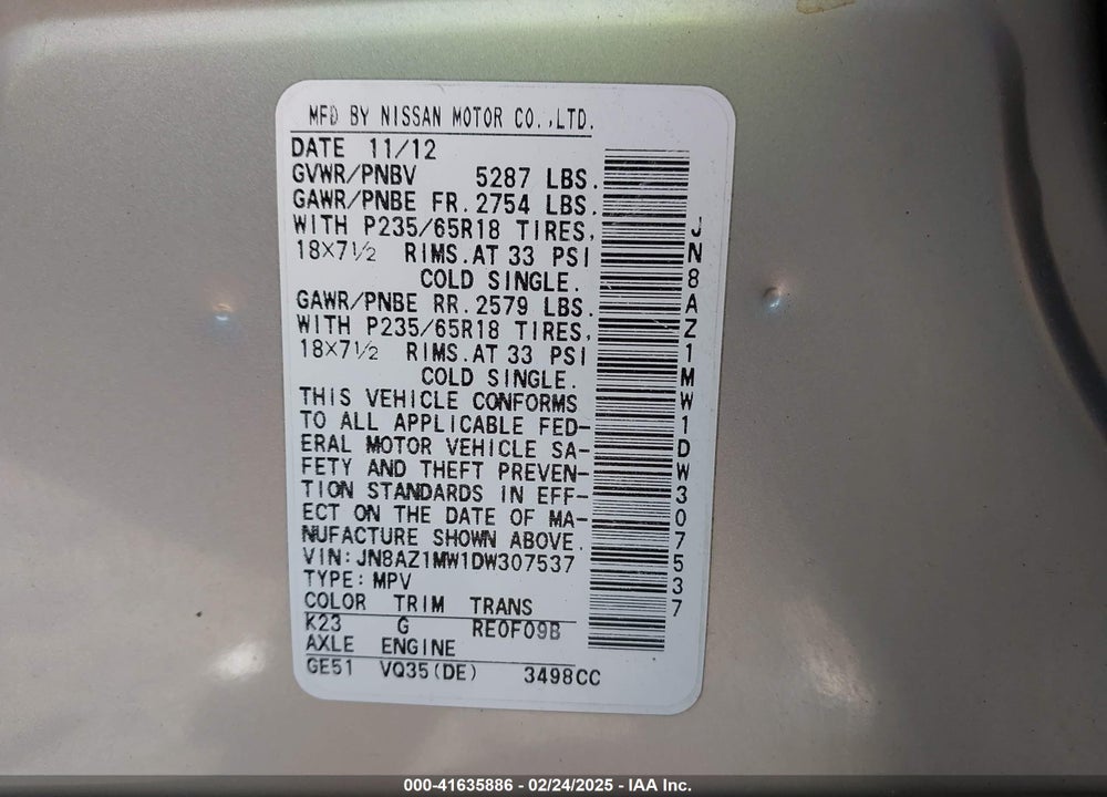 2013 NISSAN MURANO SL VIN: JN8AZ1MW1DW307537