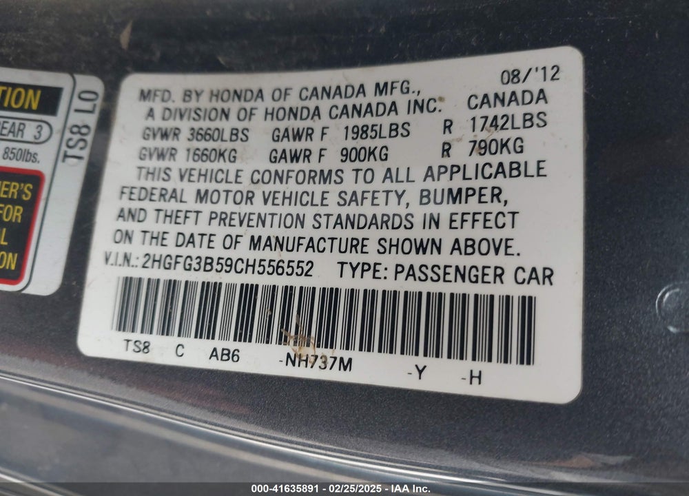 2012 HONDA CIVIC VIN: 2HGFG3B59CH556552