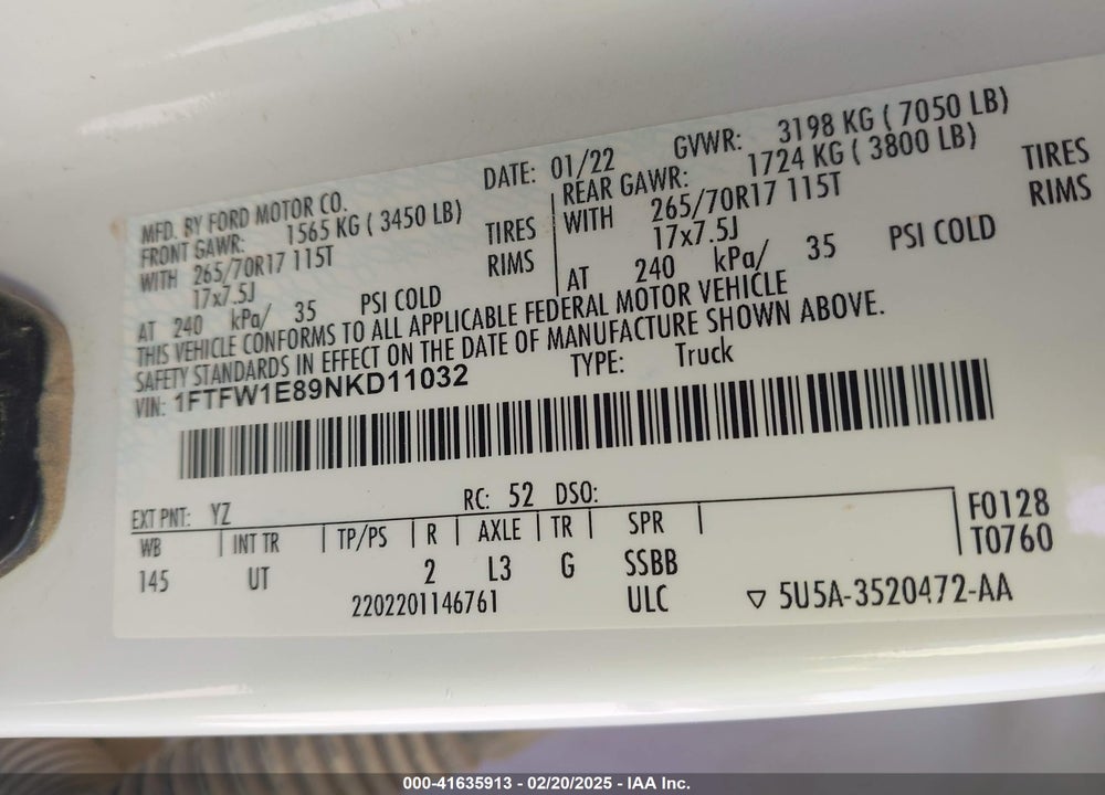 2022 FORD F-150 VIN: 1FTFW1E89NKD11032