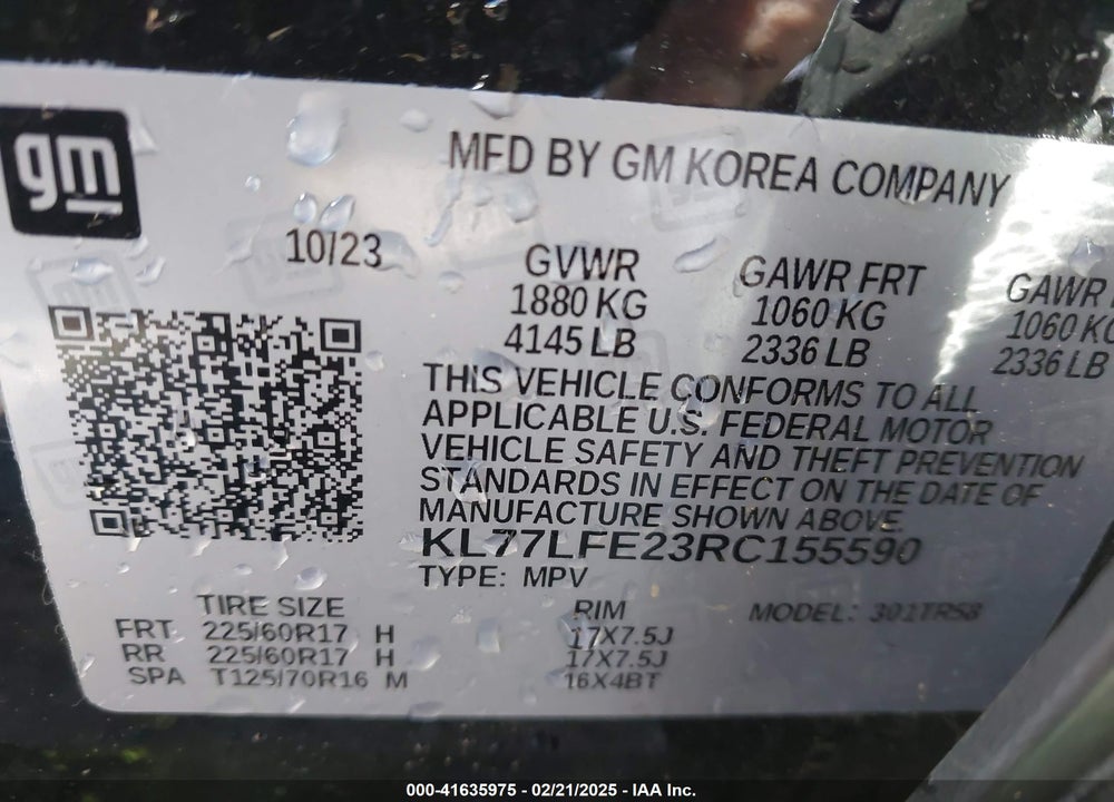 2024 CHEVROLET TRAX FWD SP VIN: KL77LFE23RC155590