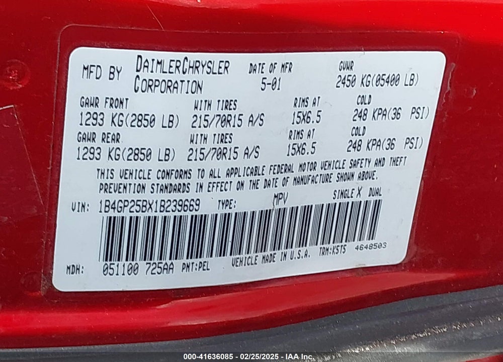 2001 DODGE CARAVAN SE VIN: 1B4GP25BX1B239669
