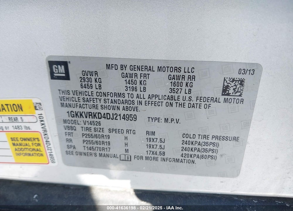 2013 GMC ACADIA SLT-1 VIN: 1GKKVRKD4DJ214959