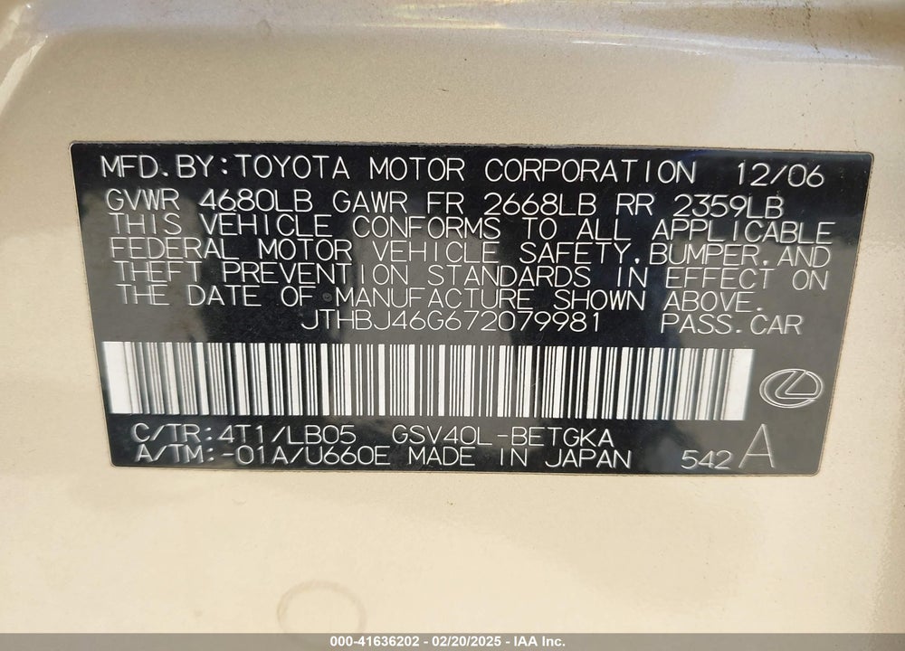 2007 LEXUS ES 350 VIN: JTHBJ46G672079981