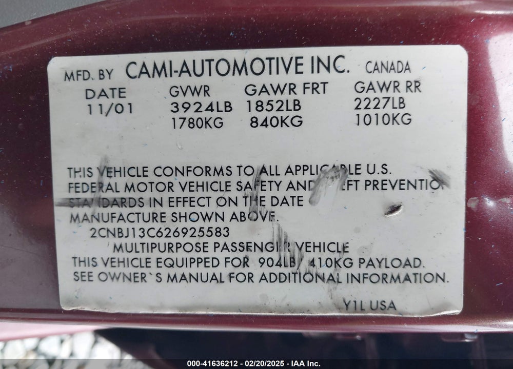 2002 CHEVROLET TRACKER HARD TOP BASE VIN: 2CNBJ13C626925583