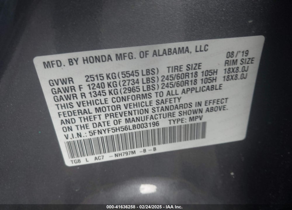 2020 HONDA PILOT VIN: 5FNYF5H56LB003196