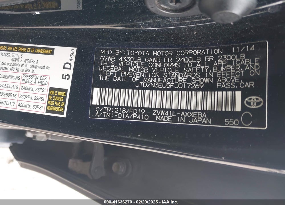 2015 TOYOTA PRIUS V VIN: JTDZN3EU5FJ017269