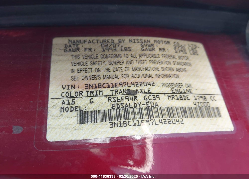 2007 NISSAN VERSA 1.8S VIN: 3N1BC11E97L422042