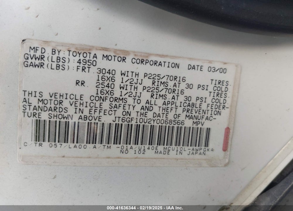 2000 LEXUS RX 300 VIN: JT6GF10U2Y0068566