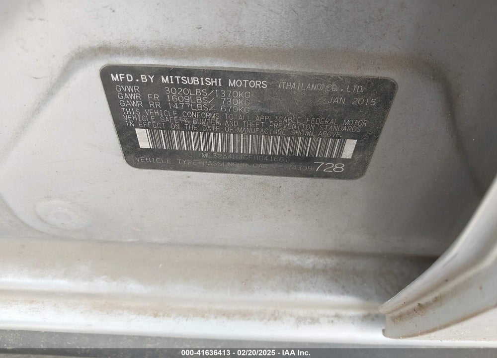 2015 MITSUBISHI MIRAGE VIN: ML32A4HJ6FH041661