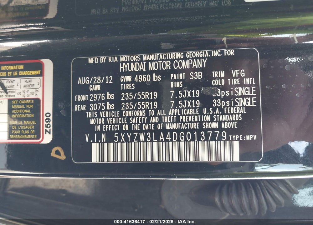 2013 HYUNDAI SANTA FE SPORT 2.0T VIN: 5XYZW3LA4DG013779