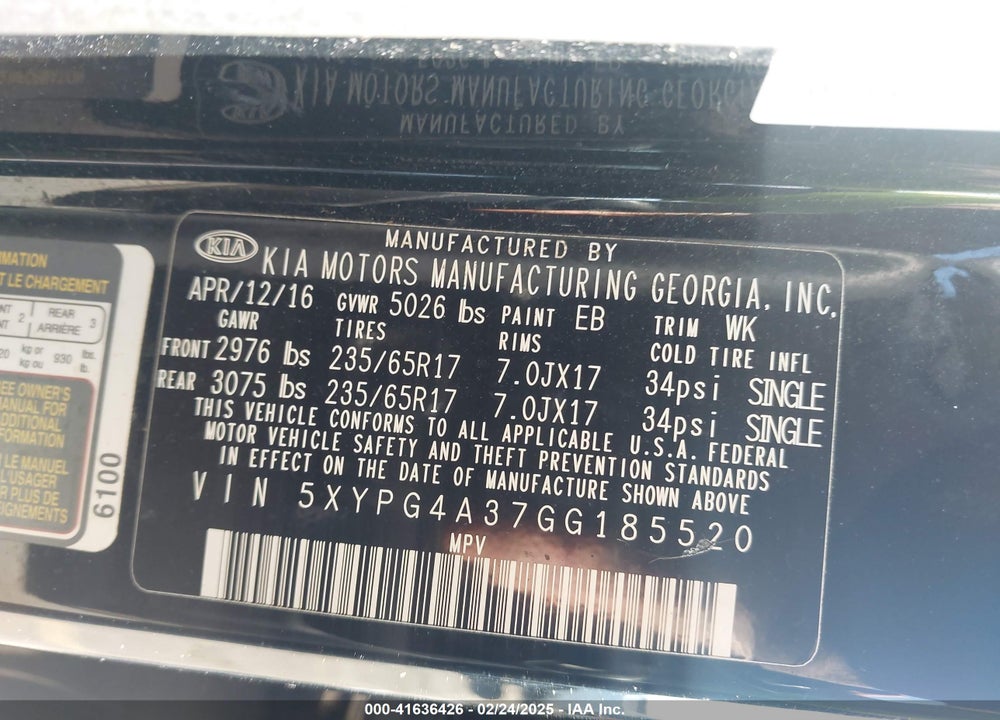 2016 KIA SORENTO 2.4L L VIN: 5XYPG4A37GG185520