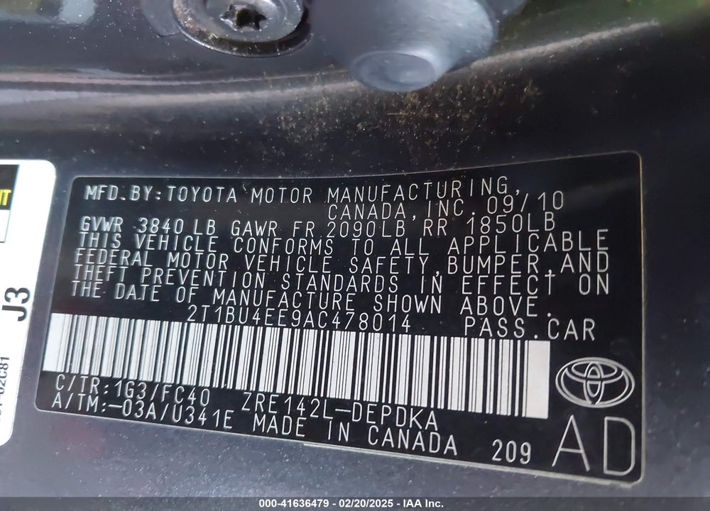 2010 TOYOTA COROLLA VIN: 2T1BU4EE9AC478014