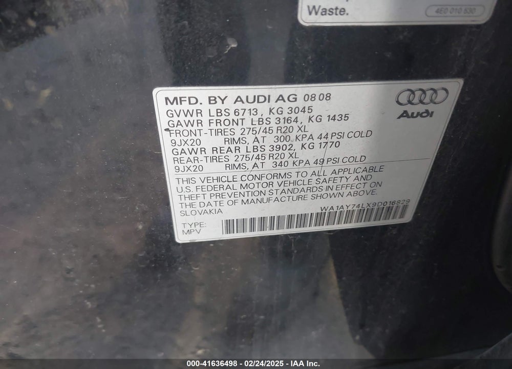 2009 AUDI Q7 3.6 5 PASSENGER/3.6 PREMIUM VIN: WA1AY74LX9D016829