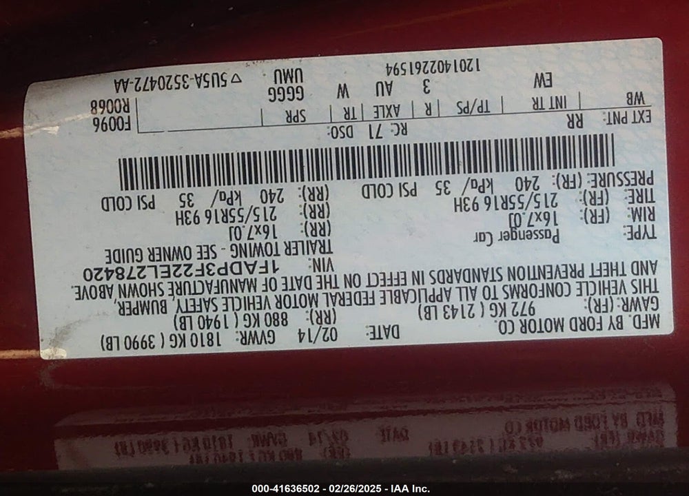 2014 FORD FOCUS VIN: 1FADP3F22EL278420