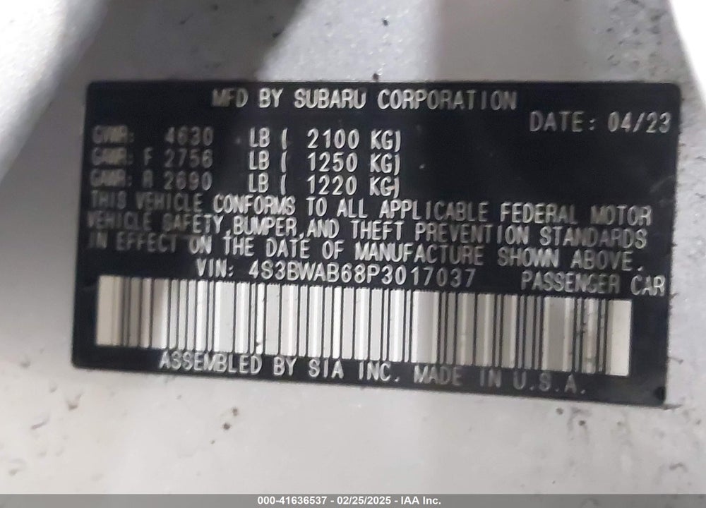 2023 SUBARU LEGACY VIN: 4S3BWAB68P3017037