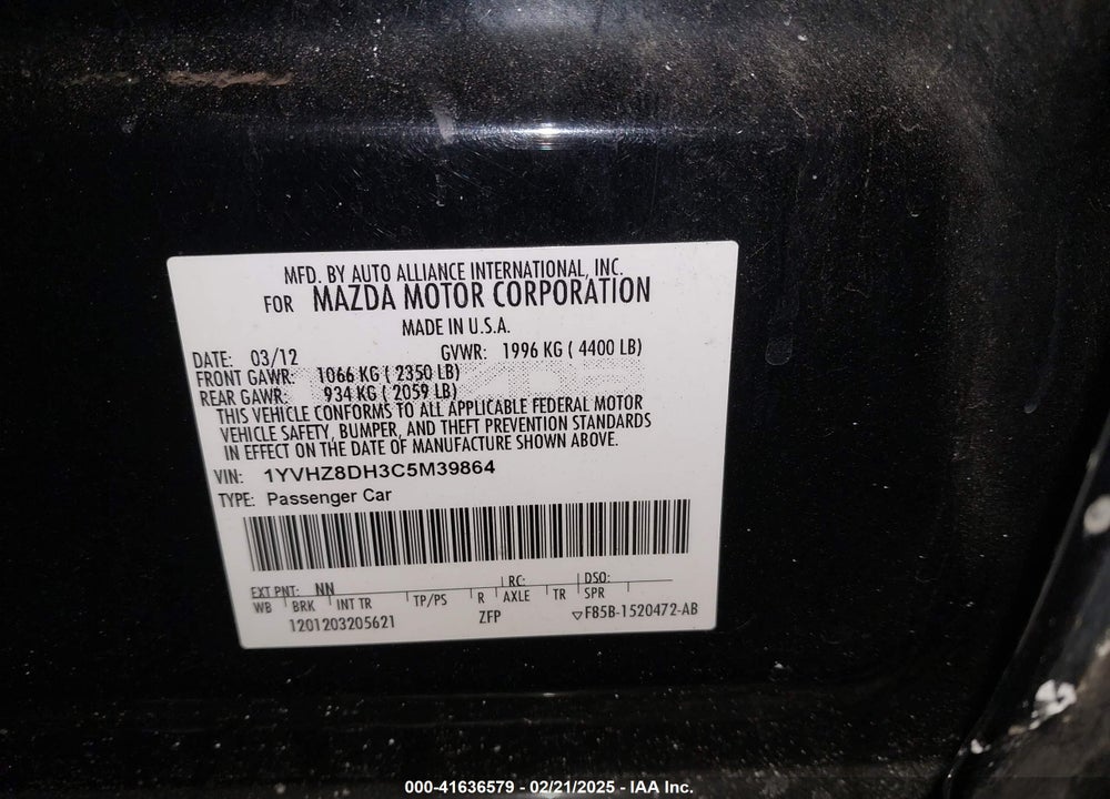 2012 MAZDA 6 VIN: 1YVHZ8DH3C5M39864