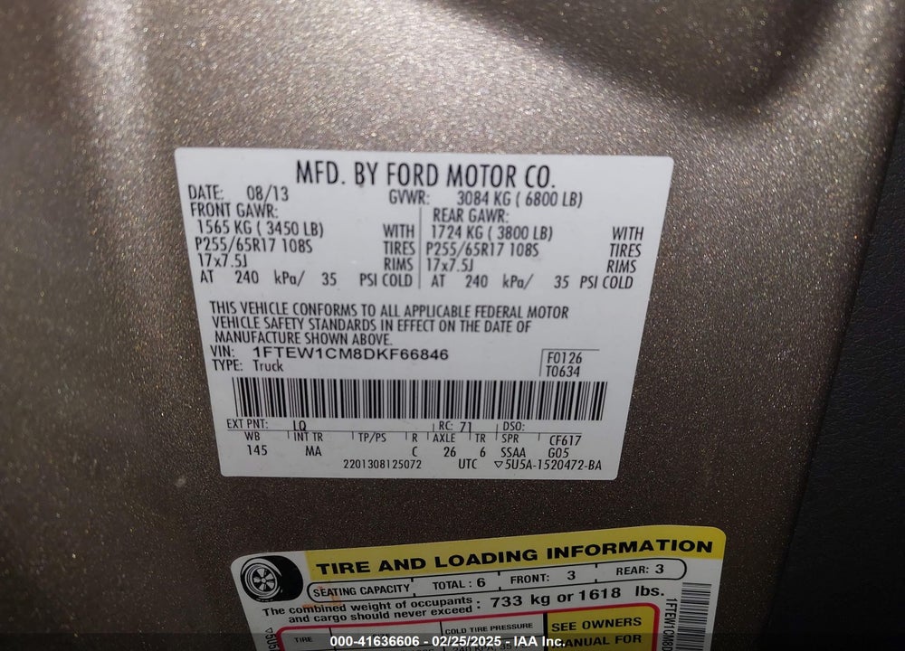2013 FORD F-150 VIN: 1FTEW1CM8DKF66846