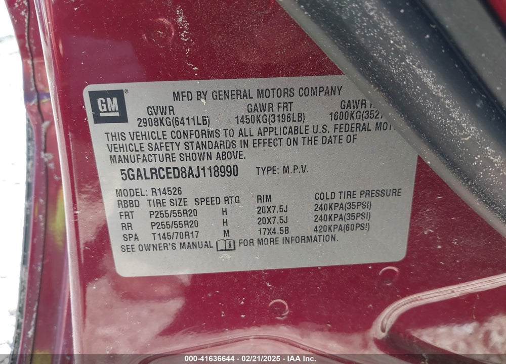 2010 BUICK ENCLAVE 2XL VIN: 5GALRCED8AJ118990