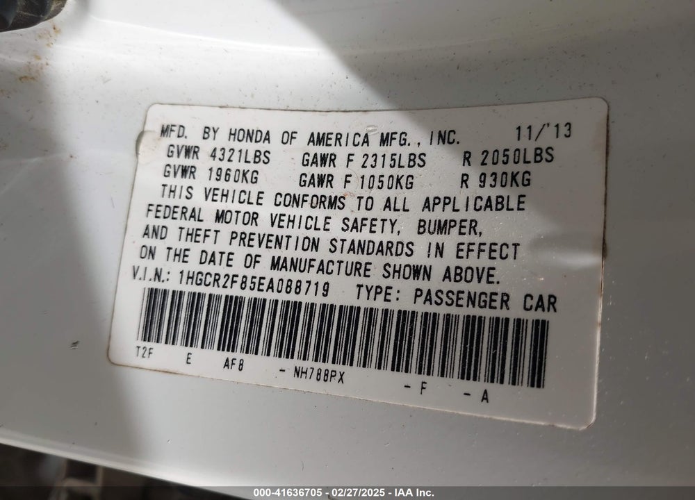 2014 HONDA ACCORD VIN: 1HGCR2F85EA088719