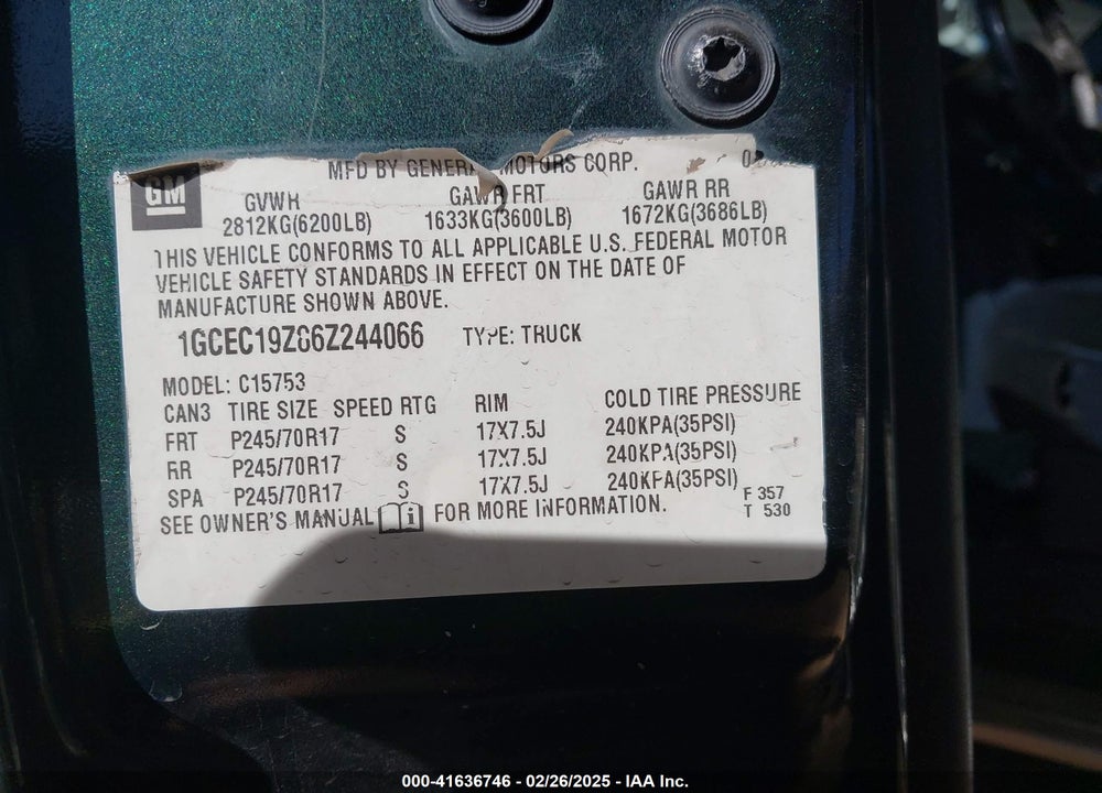 2006 CHEVROLET SILVERADO 1500 VIN: 1GCEC19Z86Z244066
