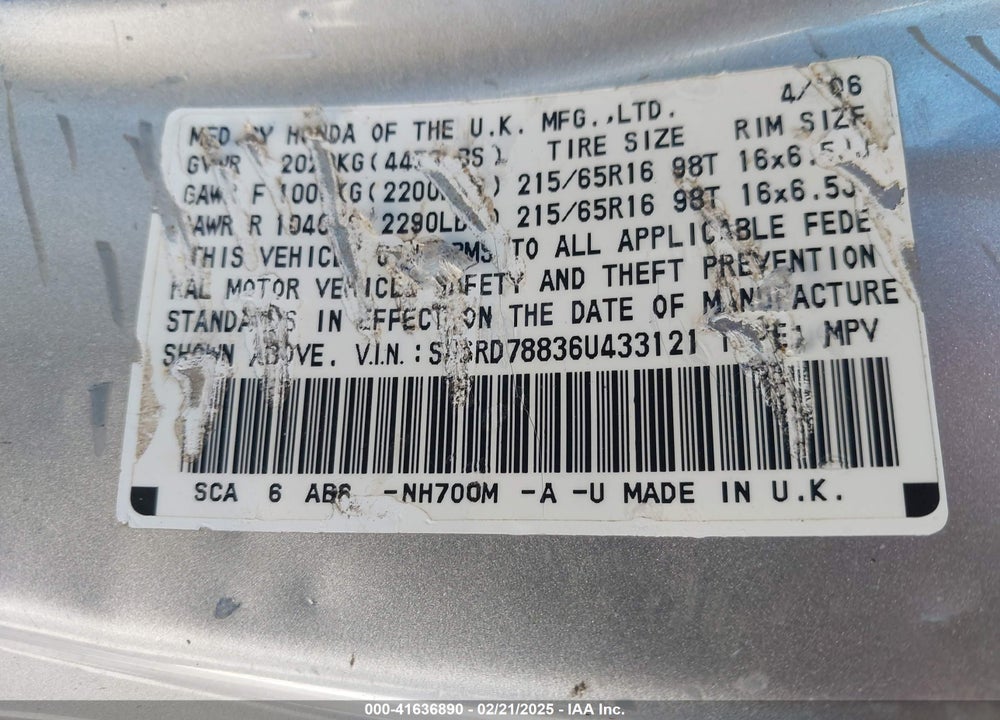 2006 HONDA CR-V EX VIN: SHSRD78836U433121