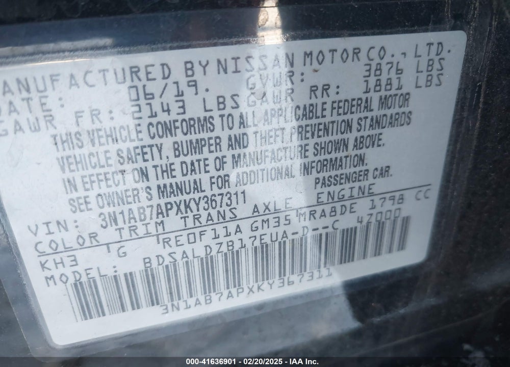 2019 NISSAN SENTRA VIN: 3N1AB7APXKY367311