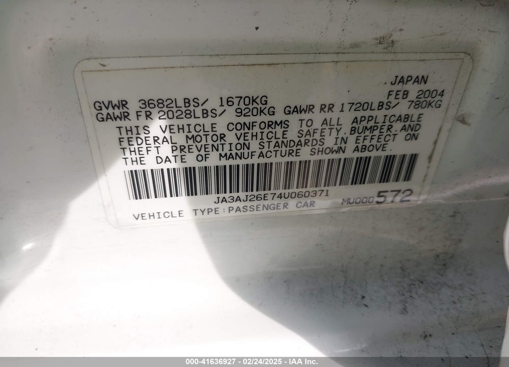 2004 MITSUBISHI LANCER ES VIN: JA3AJ26E74U060371