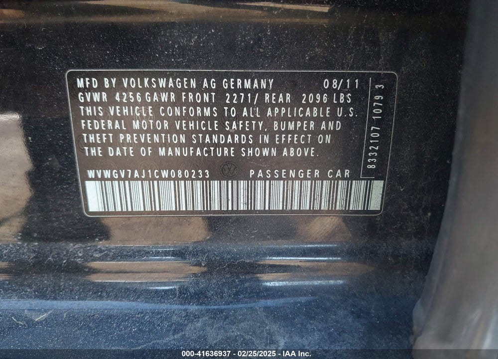 2012 VOLKSWAGEN GTI VIN: WVWGV7AJ1CW080233