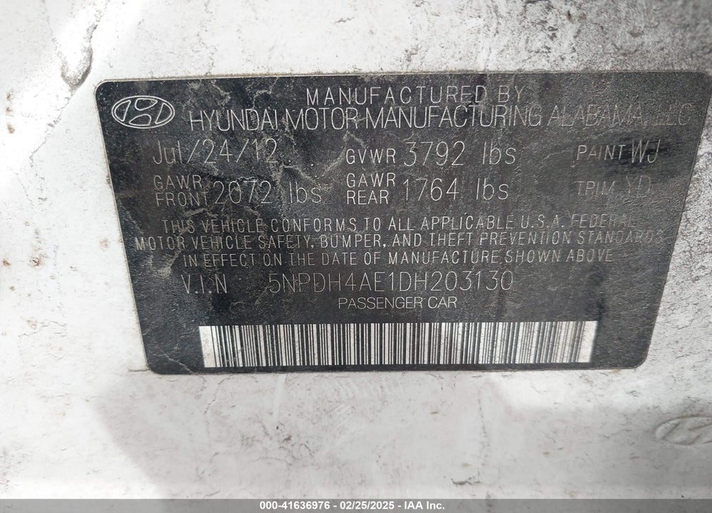 2013 HYUNDAI ELANTRA VIN: 5NPDH4AE1DH203130