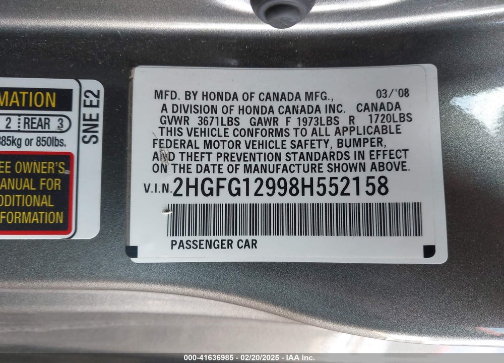 2008 HONDA CIVIC VIN: 2HGFG12998H552158