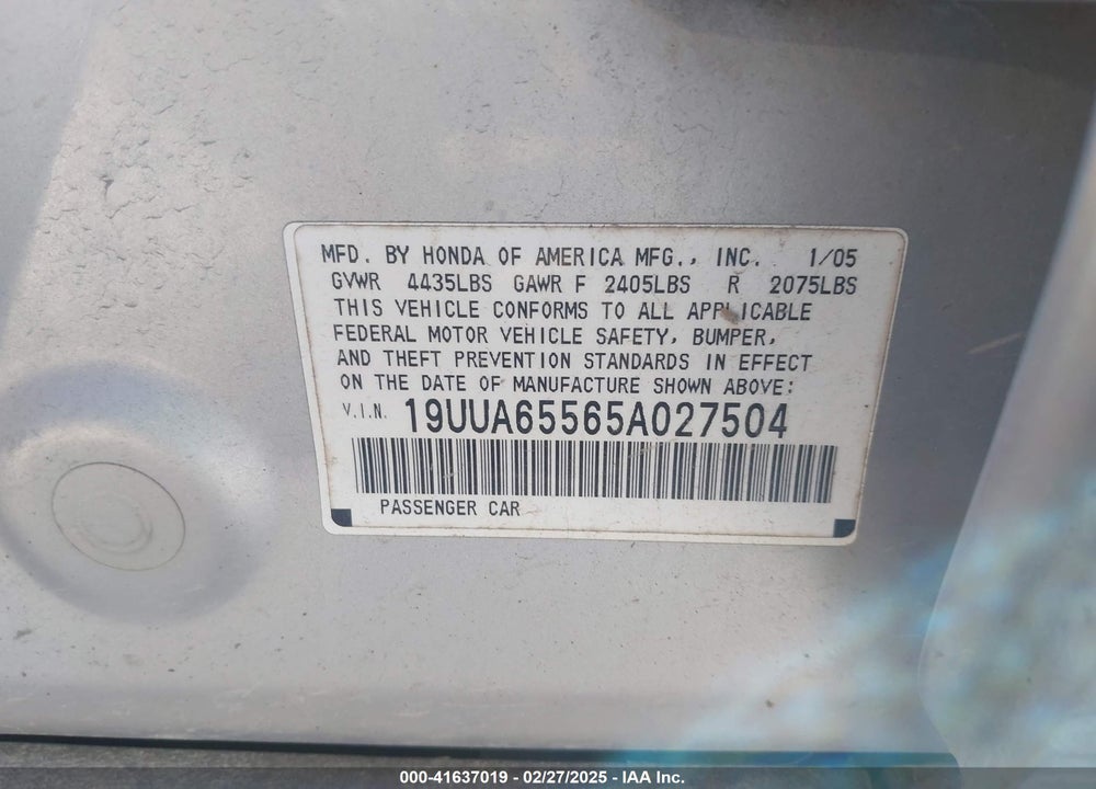 2005 ACURA TL VIN: 19UUA65565A027504