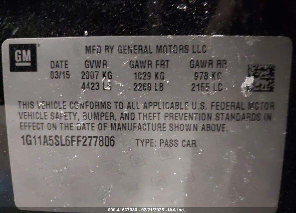2015 CHEVROLET MALIBU VIN: 1G11A5SL6FF277806