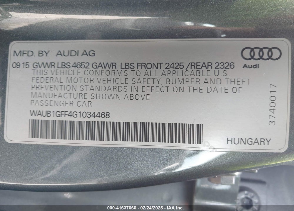 2016 AUDI S3 VIN: WAUB1GFF4G1034468