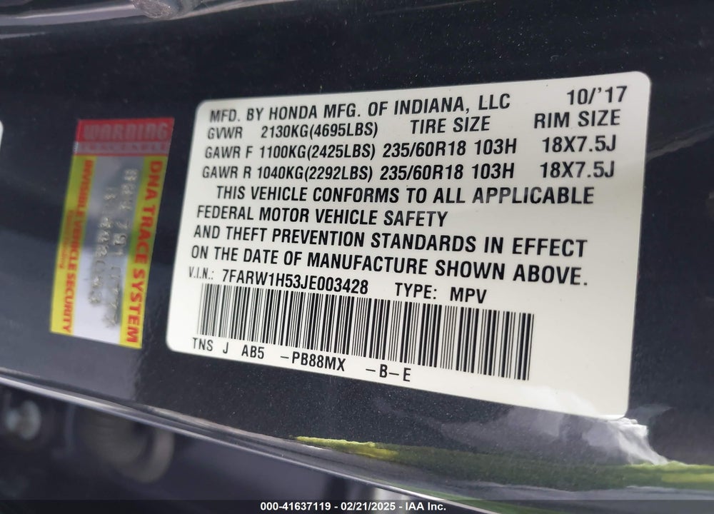 2018 HONDA CR-V VIN: 7FARW1H53JE003428
