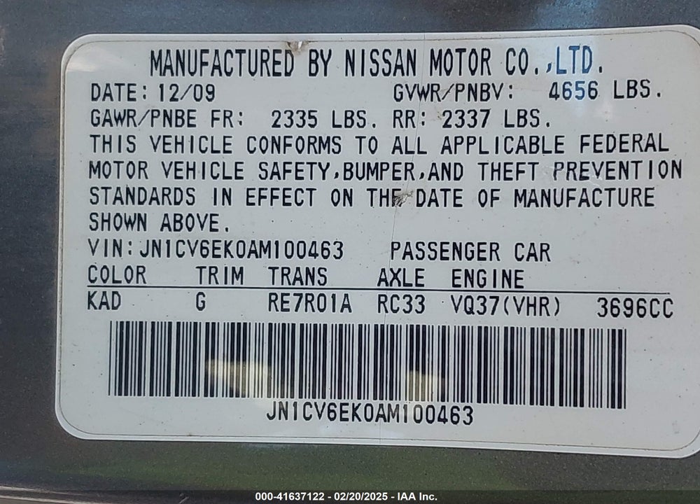 2010 INFINITI G37 JOURNEY VIN: JN1CV6EK0AM100463