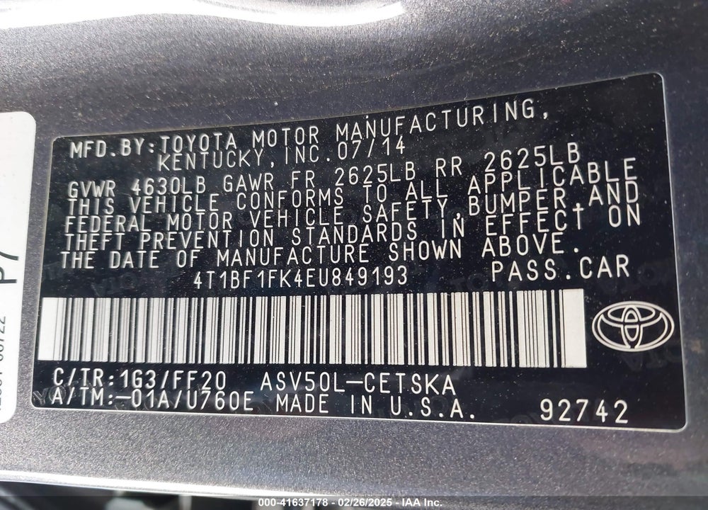 2014 TOYOTA CAMRY VIN: 4T1BF1FK4EU849193