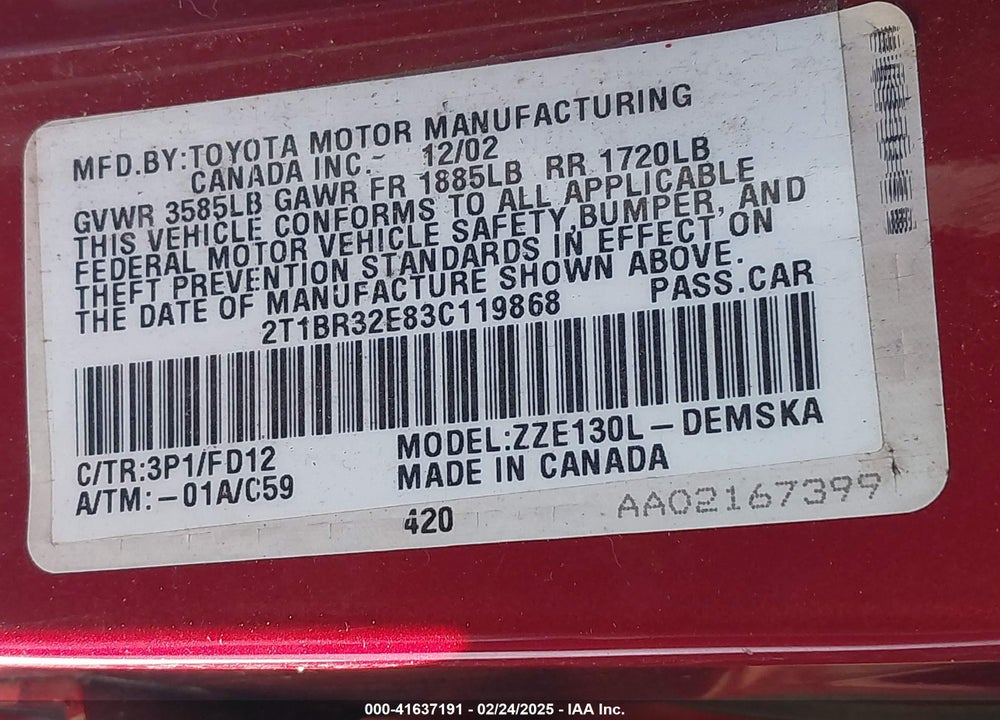 2003 TOYOTA COROLLA S VIN: 2T1BR32E83C119868