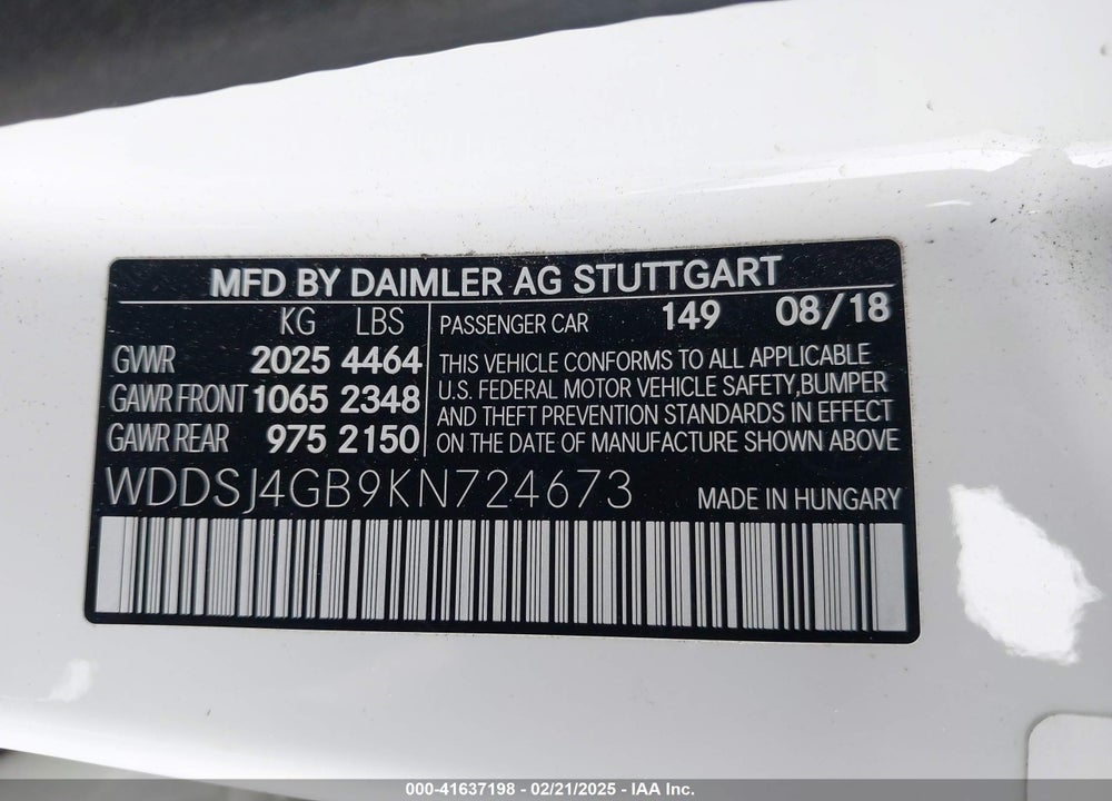 2019 MERCEDES-BENZ CLA 250 VIN: WDDSJ4GB9KN724673