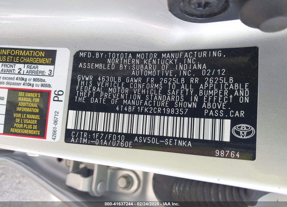 2012 TOYOTA CAMRY LE VIN: 4T4BF1FK2CR198357