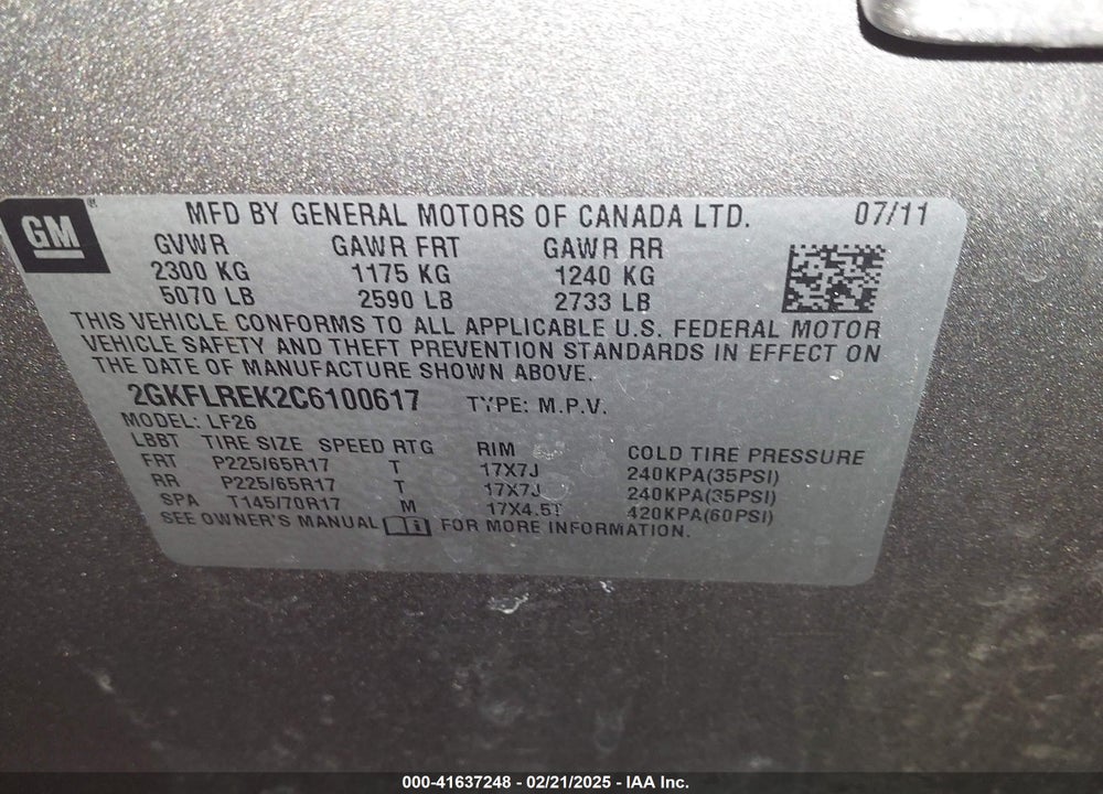 2012 GMC TERRAIN SLE-1 VIN: 2GKFLREK2C6100617